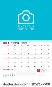 Wall calendar planner for 2019 year. August. Vector print template with place for photo. Week starts on Sunday
