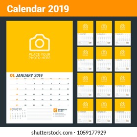 Wall calendar planner for 2019 year. Set of 12 months. Vector print template with place for photo. Week starts on Sunday