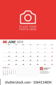 Wall calendar planner for 2019 year. June. Vector print template with place for photo. Week starts on Monday