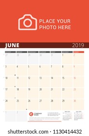 Wall Calendar Planner for 2019 Year. Vector Design Print Template with Place for Photo and Notes. Phases of the Moon. Week Starts on Monday. 3 Months on Page. June 2019