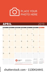 Wall Calendar Planner for 2019 Year. Vector Design Print Template with Place for Photo and Notes. Phases of the Moon. Week Starts on Monday. 3 Months on Page. April 2019