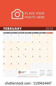 Wall Calendar Planner for 2019 Year. Vector Design Print Template with Place for Photo and Notes. Phases of the Moon. Week Starts on Monday. 3 Months on Page. February 2019