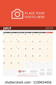 Wall Calendar Planner for 2019 Year. Vector Design Print Template with Place for Photo and Notes. Phases of the Moon. Week Starts on Monday. 3 Months on Page. July 2019