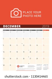 Wall Calendar Planner for 2019 Year. Vector Design Print Template with Place for Photo and Notes. Phases of the Moon. Week Starts on Monday. 3 Months on Page. December 2019