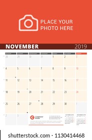Wall Calendar Planner for 2019 Year. Vector Design Print Template with Place for Photo and Notes. Phases of the Moon. Week Starts on Monday. 3 Months on Page. November 2019