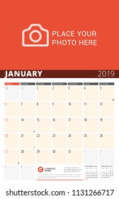 Wall Calendar Planner for 2019 Year. Vector Design Print Template with Place for Photo and Notes. Phases of the Moon. Week Starts on Sunday. 3 Months on Page. January 2019