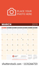 Wall Calendar Planner for 2019 Year. Vector Design Print Template with Place for Photo and Notes. Phases of the Moon. Week Starts on Sunday. 3 Months on Page. March 2019
