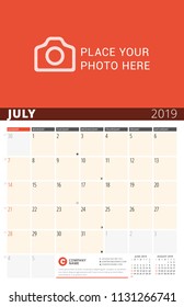 Wall Calendar Planner for 2019 Year. Vector Design Print Template with Place for Photo and Notes. Phases of the Moon. Week Starts on Sunday. 3 Months on Page. July 2019