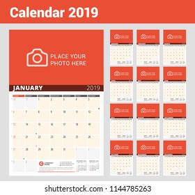 Wall Calendar Planner for 2019 Year. Vector Design Print Template with Place for Photo and Notes. Phases of the Moon. Week Starts on Sunday. Set of 12 months