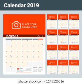 Wall Calendar Planner for 2019 Year. Vector Design Print Template with Place for Photo and Notes. Phases of the Moon. Week Starts on Monday. Set of 12 months