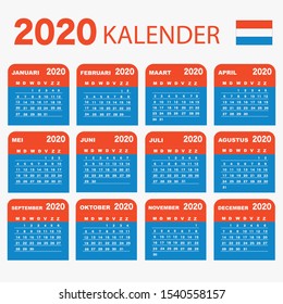 Wall calendar planner for 2020. Dutch language, week starts from Monday. Vector template.