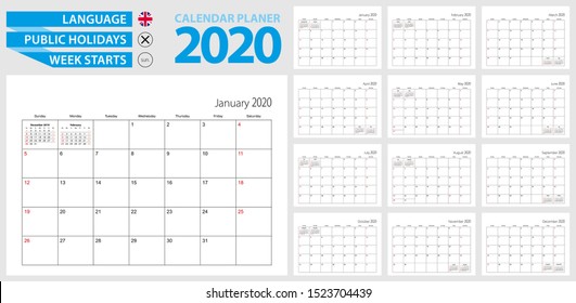 Wall calendar planner for 2020. English language, week starts from Sunday. Vector template.