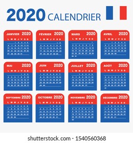 Wall calendar planner for 2020. French language, week starts from Monday. Vector template.
