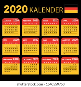 Wall calendar planner for 2020. German language, week starts from Monday. Vector template.