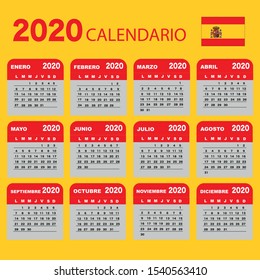Wall calendar planner for 2020. Spanish language, week starts from Monday. Vector template.