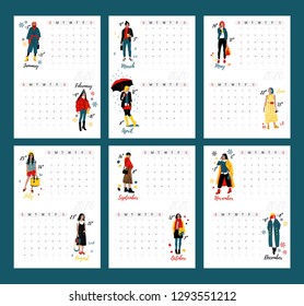 Wall Calendar Planner 2020 with Twelve young women or girls wearing stylish clothing.  Detailed Female Characters. Colorful Fashion Illustration in Flat Cartoon Style. 