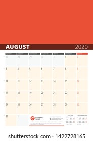 Wall Calendar Planner for 2020 Year. Vector Design Print Template with Place for Photo. Week Starts on Monday. 3 Months on Page. August 2020