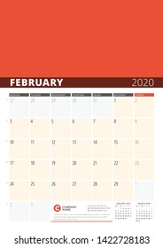 Wall Calendar Planner for 2020 Year. Vector Design Print Template with Place for Photo. Week Starts on Monday. 3 Months on Page. February 2020