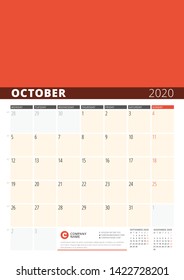Wall Calendar Planner for 2020 Year. Vector Design Print Template with Place for Photo. Week Starts on Monday. 3 Months on Page. October 2020