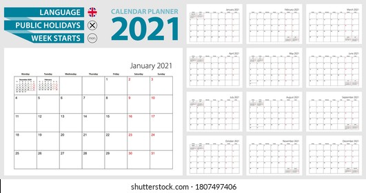 Wall calendar planner for 2021. English language, week starts from Monday. Vector template.