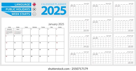 Calendario de pared para 2025. Idioma inglés, la semana comienza a partir del domingo. Plantilla de Vector.