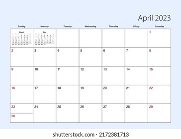 Wall calendar planner for April 2023. English language, week starts from Sunday. Vector template.