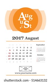 Wall calendar planner for august 2017 year. Week start sunday, classic grid with numbers. Editable vector template.