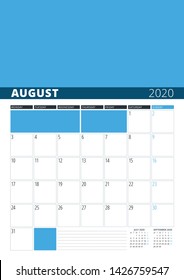 Wall Calendar Planner for August 2020. Vector Design Print Template with Place for Photo. Week Starts on Monday. 3 Months on Page
