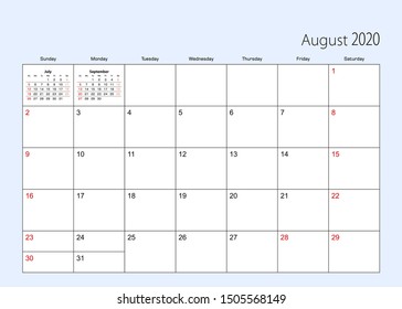 Wall calendar planner for August 2020. English language, week starts from Sunday. Vector template.