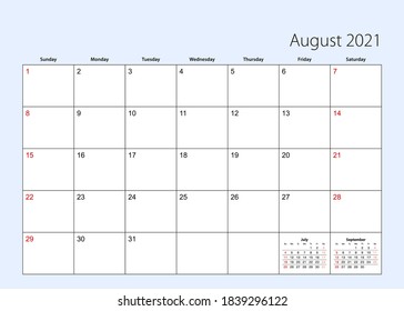 Wall calendar planner for August 2021. English language, week starts from Sunday. Vector template.