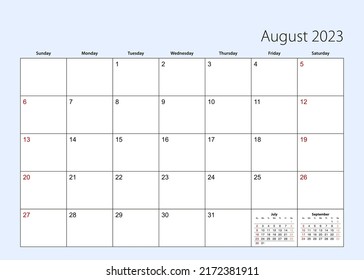 Wall calendar planner for August 2023. English language, week starts from Sunday. Vector template.