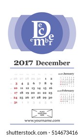 Wall calendar planner for december 2017 year. Week start sunday, classic grid with numbers. Editable vector template.