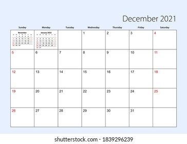 Wall-Kalender-Planer für Dezember 2021. Englisch Sprache, Woche beginnt Sonntag. Vektorvorlage.
