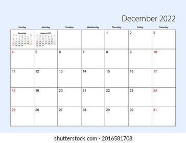 Planeamiento del calendario del muro para diciembre de 2022. En inglés, la semana comienza a partir del domingo. Plantilla de vectores.