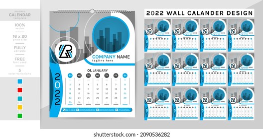 Wall calendar and planner diary template for the year 2022. This creative elegant calendar is a must for your home and office. 2 theme colorwork, black, and others. The 12-page week begins on Sunday.