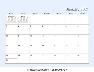 Wall calendar planner for January 2021. English language, week starts from Sunday. Vector template.
