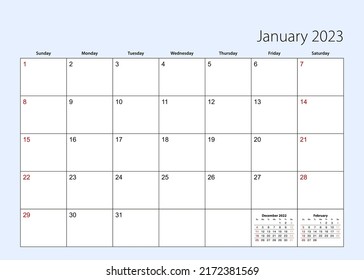 Wall calendar planner for January 2023. English language, week starts from Sunday. Vector template.