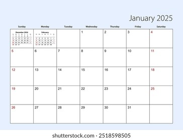 Wall calendar planner for January 2025. English language, week starts from Sunday. Vector template.