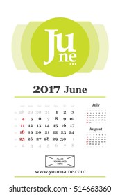 Wall calendar planner for june 2017 year. Week start sunday, classic grid with numbers. Editable vector template.