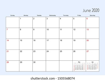 Wall calendar planner for June 2020. English language, week starts from Sunday. Vector template.