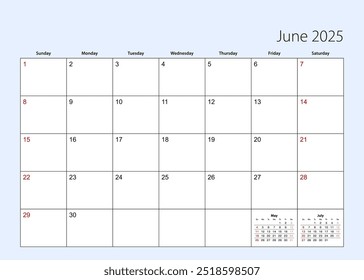 Wall calendar planner for June 2025. English language, week starts from Sunday. Vector template.