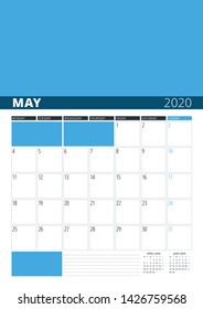 Wall Calendar Planner for May 2020. Vector Design Print Template with Place for Photo. Week Starts on Monday. 3 Months on Page