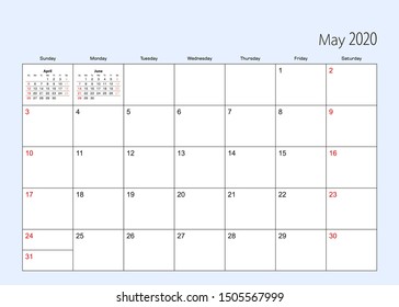 Wall calendar planner for May 2020. English language, week starts from Sunday. Vector template.