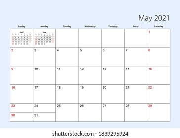 Planificador del calendario de las paredes para mayo de 2021. En inglés, la semana comienza a partir del domingo. Plantilla de vectores.