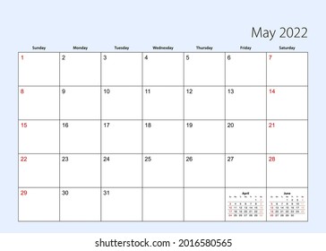 Wall-Kalender-Planer für Mai 2022. Englisch Sprache, Woche beginnt Sonntag. Vektorvorlage.