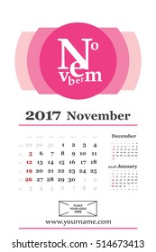 Wall calendar planner for november 2017 year. Week start sunday, classic grid with numbers. Editable vector template.