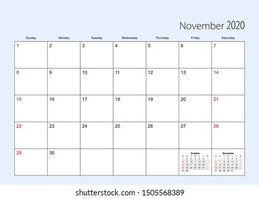 Wall calendar planner for November 2020. English language, week starts from Sunday. Vector template.