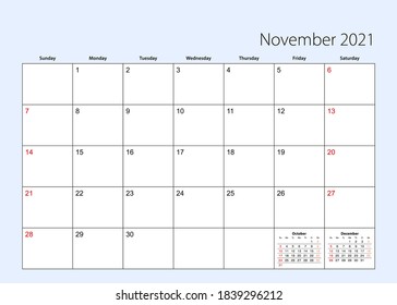 Wall calendar planner for November 2021. English language, week starts from Sunday. Vector template.