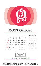 Wall calendar planner for october 2017 year. Week start sunday, classic grid with numbers. Editable vector template.
