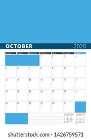 Wall Calendar Planner for October 2020. Vector Design Print Template with Place for Photo. Week Starts on Monday. 3 Months on Page